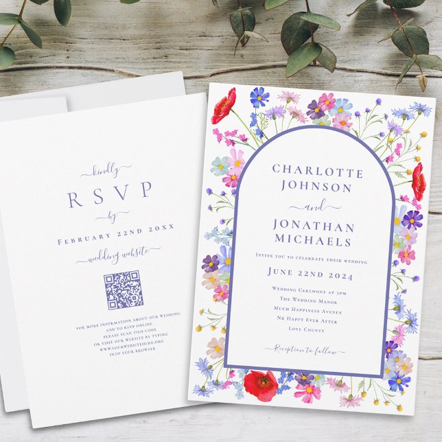 Invitación Código QR del sitio web del Arco de Flores Silvest (Colorful wildflower watercolor arch purple typography script wedding invitation with website qr code)
