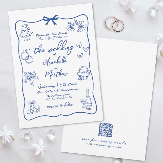 Invitación Código QR Dibujado a Mano Azul Casamiento Capricho (Hand Drawn QR Code Blue Whimsical Wedding Invitation)