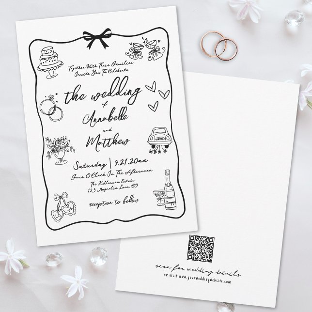 Invitación Código QR Dibujado a Mano Boda Caprichosa (Hand Drawn QR Code Whimsical Wedding Invitation )