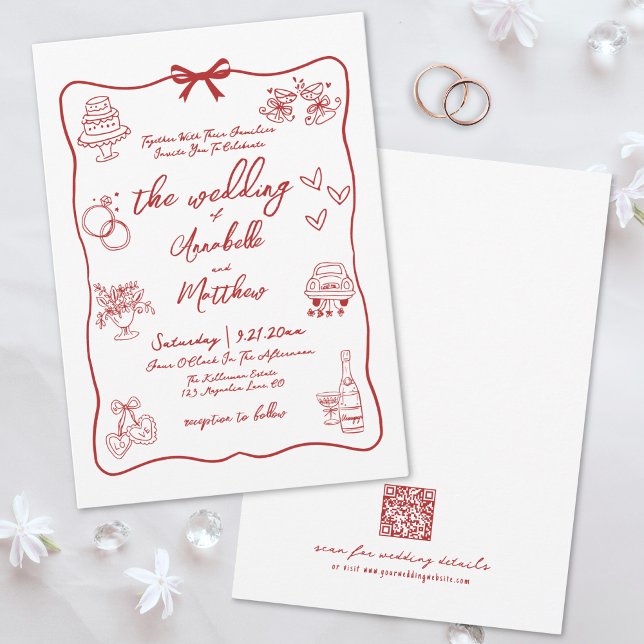 Invitación Código QR Dibujado a Mano Boda Caprichosa Roja (Hand Drawn QR Code Red Whimsical Wedding Invitation)