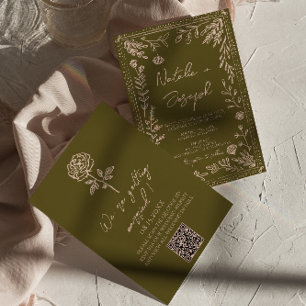 Invitación Código QR dibujado a mano, praderas, floral, boda