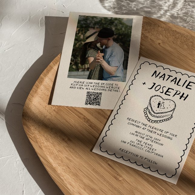 Invitación Código QR Dibujado a Mano Tarta Foto Boda (Subido por el creador)