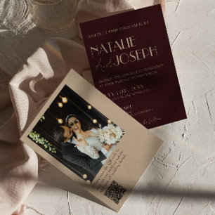 Invitación Código QR Dorado Burgundy Elegante Foto Retro Boda