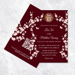 Invitación Código QR Duste Boda chino con flores de cerezo ro