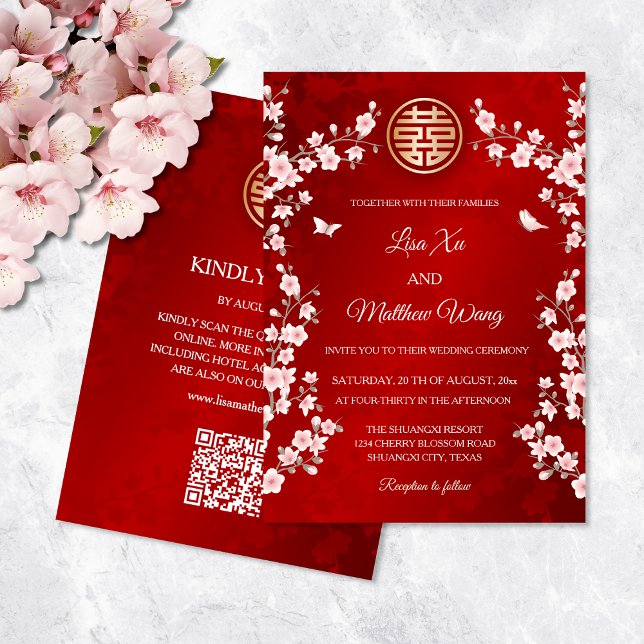 Invitación Código QR Duste Boda chino con flores de cerezo ro (Subido por el creador)