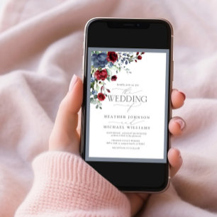 Invitación Código QR Dusty Azul Borgoña Floral acuática