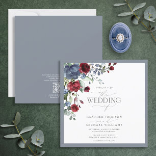 Invitación Código QR Dusty Azul Borgoña Rojo Floral acuarela