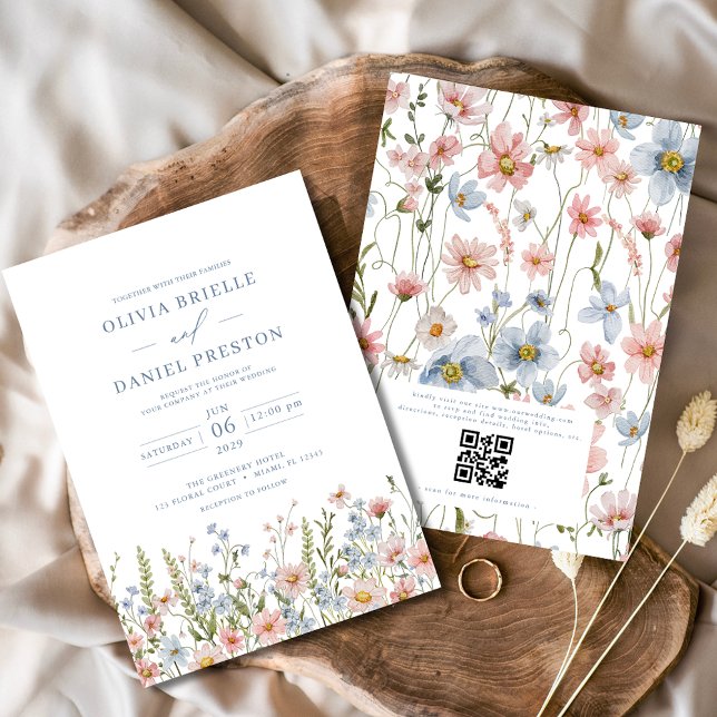 Invitación Código QR Dusty Azul Rubor Boda de Flor silvestre  (Subido por el creador)
