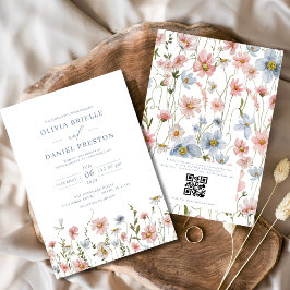 Invitación Código QR Dusty Azul Rubor Boda de Flor silvestre 