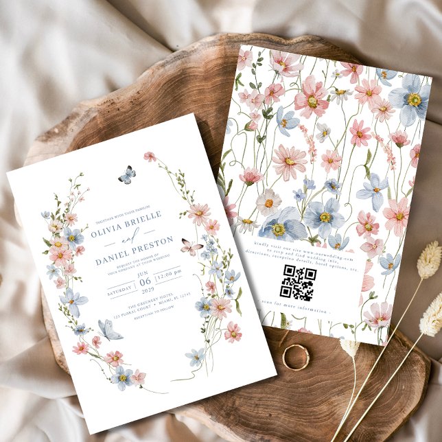 Invitación Código QR Dusty Azul Rubor Boda de Flor silvestre  (Subido por el creador)