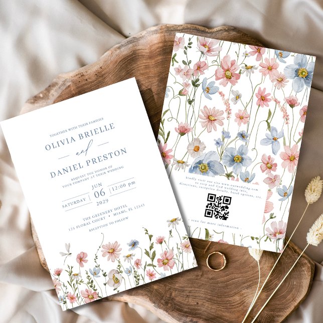 Invitación Código QR Dusty Azul Rubor Boda de Flor silvestre  (Subido por el creador)