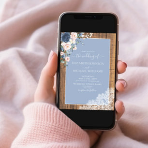 Invitación Código QR Dusty Azul Rubor Rústico Boda de encaje