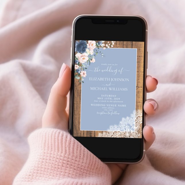 Invitación Código QR Dusty Azul Rubor Rústico Boda de encaje  (Subido por el creador)