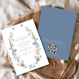 Invitación Código QR Dusty Blue Elegant Boda Vintage Jardín