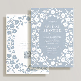 Invitación Código QR Dusty Blue Folk Floral Bridal Shower
