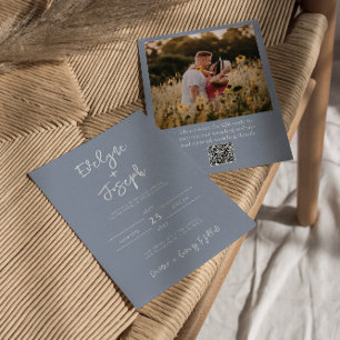 Invitación Código QR Dusty Blue Photo Boho Boda moderno