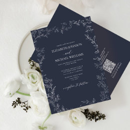 Invitación Código QR Elegante Boda de hoja mínima azul de la