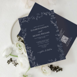 Invitación Código QR Elegante Boda de hoja mínima azul de la 