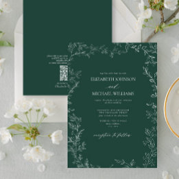 Invitación Código QR Elegante Boda de hoja mínima verde esmer