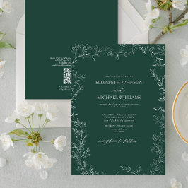 Invitación Código QR Elegante Boda de hoja mínima verde esmer
