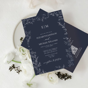Invitación Código QR Elegante Boda de Monograma Azul de la Ma