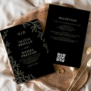 Invitación Código QR Elegante Boda de Monograma de Oro Negro