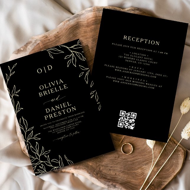 Invitación Código QR Elegante Boda de Monograma de Oro Negro (Subido por el creador)