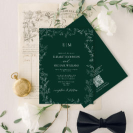 Invitación Código QR Elegante Boda de Monograma Verde Esmeral