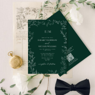 Invitación Código QR Elegante Boda de Monograma Verde Esmeral