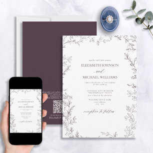 Invitación Código QR Elegante Boda Mínimo de Hojas de Pluma P