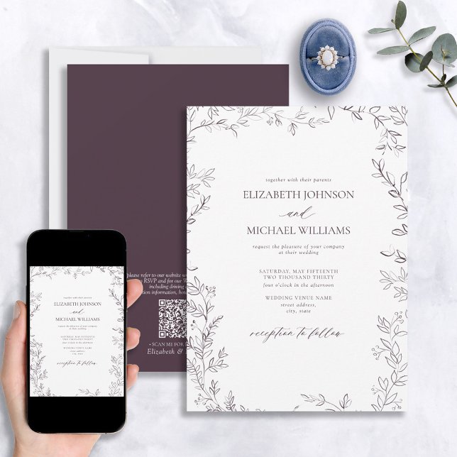 Invitación Código QR Elegante Boda Mínimo de Hojas de Pluma P (Subido por el creador)