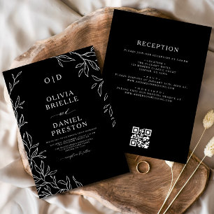 Invitación Código QR Elegante Boda Monograma Blanco Negro