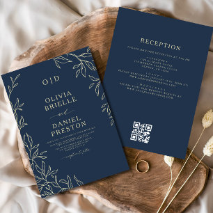 Invitación Código QR Elegante Boda Monograma de la Marina Azu