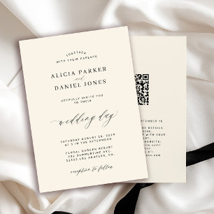 Invitación CÓDIGO QR elegante boda simple negra y marfil