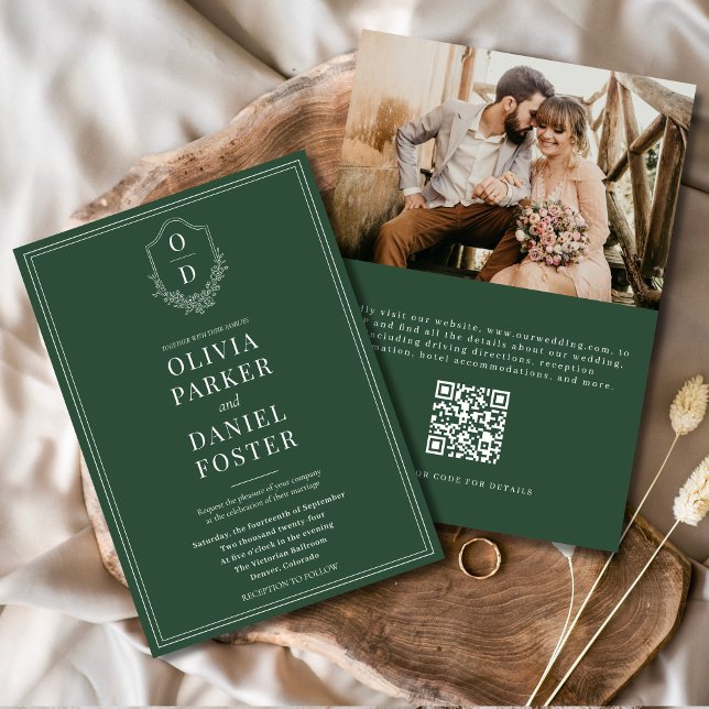 Invitación Código QR Elegante Escudo Boda de fotografía verde (Subido por el creador)