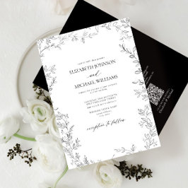 Invitación Código QR Elegante Hoja Mínima Boda Blanco y Negro