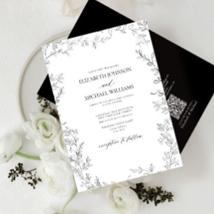 Invitación Código QR Elegante Hoja Mínima Boda Blanco y Negro