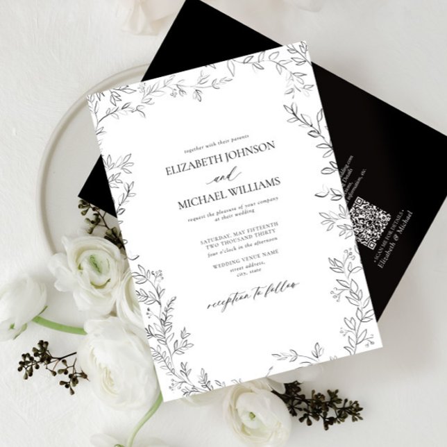Invitación Código QR Elegante Hoja Mínima Boda Blanco y Negro (Subido por el creador)