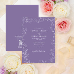 Invitación Código QR Elegante Lavanda Boda de hoja mínima