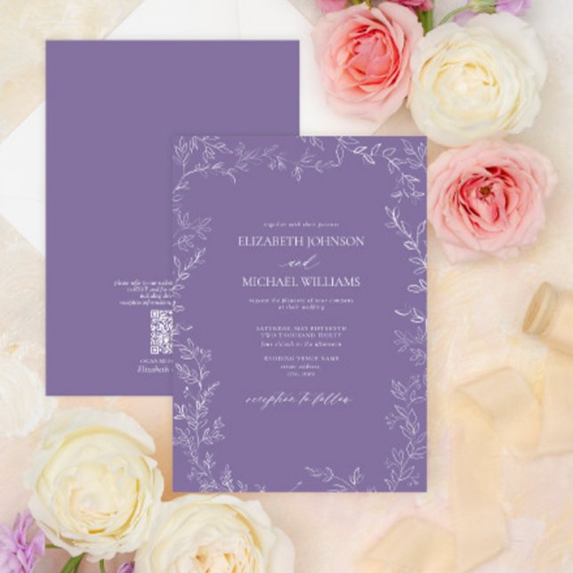 Invitación Código QR Elegante Lavanda Boda de hoja mínima (Subido por el creador)