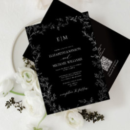 Invitación Código QR Elegante Leaf Blanco Negro Monograma Bod