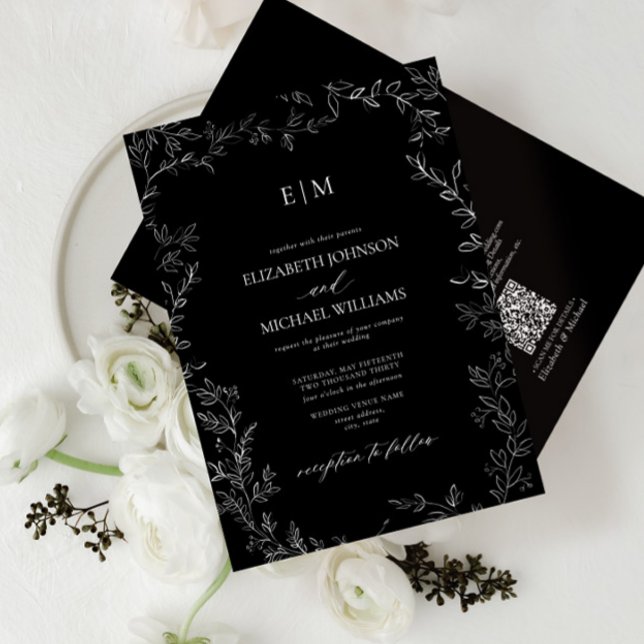 Invitación Código QR Elegante Leaf Blanco Negro Monograma Bod (Subido por el creador)