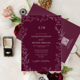 Invitación Código QR Elegante Leaf Burgundy Monograma Boda