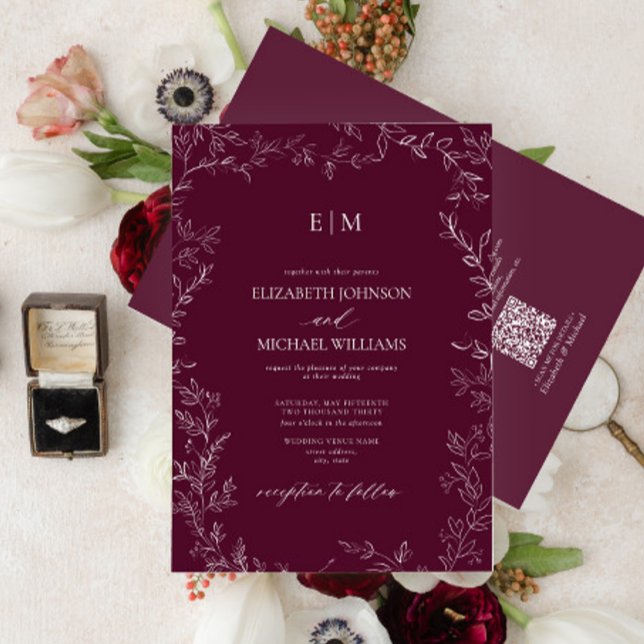 Invitación Código QR Elegante Leaf Burgundy Monograma Boda (Subido por el creador)