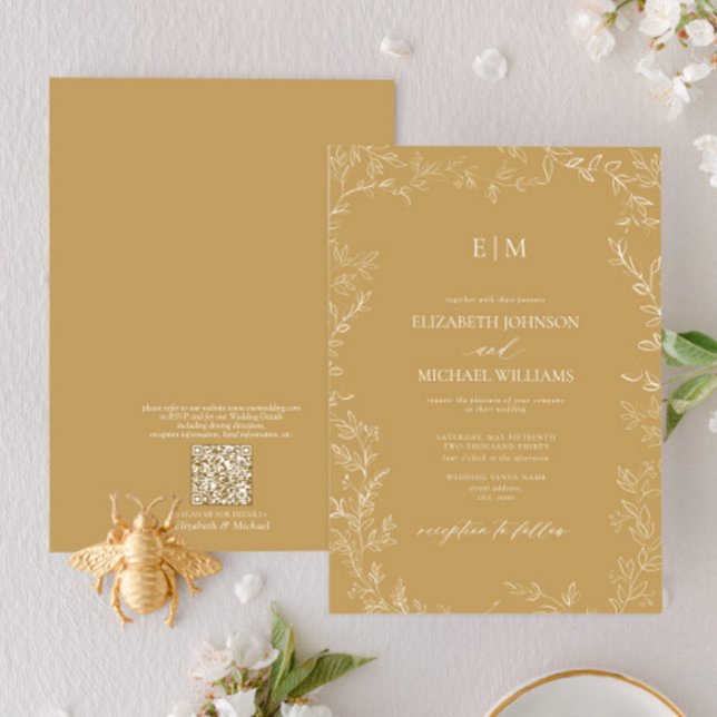 Invitación Código QR Elegante Leaf Gold Monograma Boda (Subido por el creador)