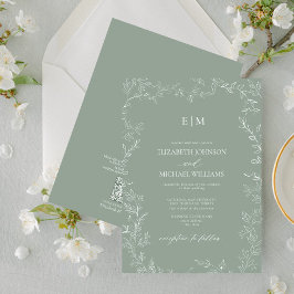 Invitación Código QR Elegante Leaf Sage Green Monograma Boda