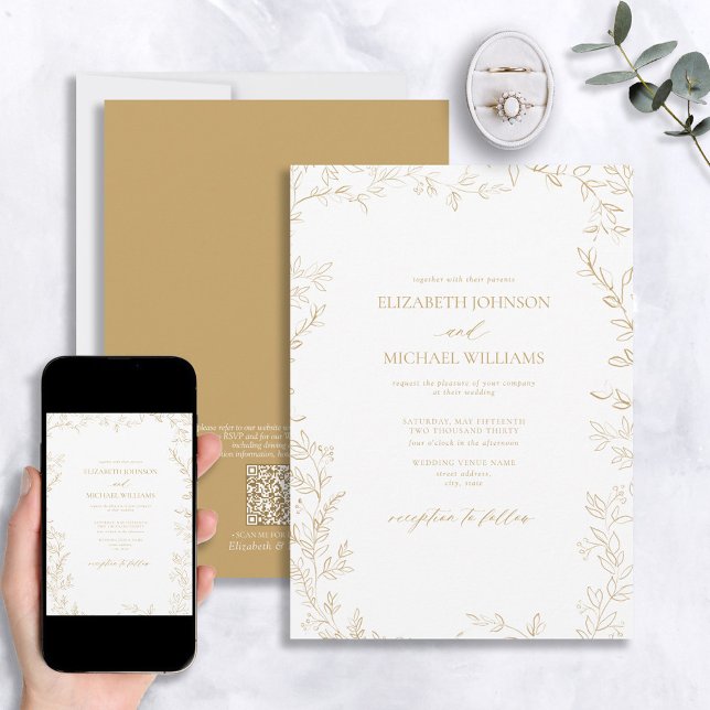 Invitación Código QR Elegante Moderno Boda Mínimo Leaf Gold (Subido por el creador)