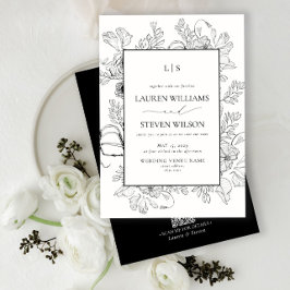 Invitación Código QR Elegante Monograma Boda Floral Negro