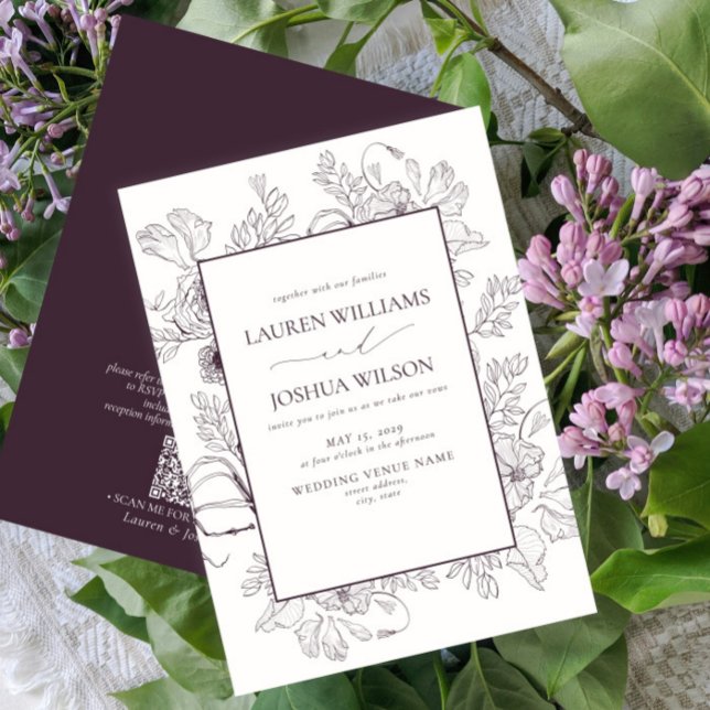 Invitación Código QR Elegante Plum Purple Floral Boda (Subido por el creador)