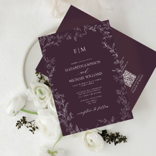Invitación Código QR Elegante Pluma de hojas Boda Monograma p